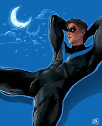 adaptabel armpits arms_behind_head bulge clothed dc dc_comics dick_grayson looking_at_viewer male male_only masked moon muscles muscular muscular_male nightwing superhero