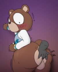 1boy ambiguous_gender anal anal_fingering anthro anthro_only anus ass backsack balls big_butt blush bodily_fluids bottomless brown_bear brown_body brown_fur chunknudies claws clothed clothing digital_media_(artwork) disembodied_hand dropout_bear duo exclamation_point fingering fingers_in_ass fur genitals gradient_background hi_res kanye_west looking_back male male/ambiguous male_only male_penetrated mammal mouthless mv_character shaking shivering shocked short_tail simple_background solo_focus sweat toony ursid ursine