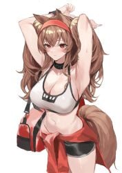 1girls angelina_(arknights) angelina_(basketball)_(name_subject_to_change)_(arknights) animal_ears animal_tail arknights armpits bag belly big_breasts blush breasts brown_hair choker cleavage clothed female female_only hairband hands_behind_head hands_up highres large_breasts light-skinned_female long_hair looking_at_viewer molyb navel red_eyes shorts solo sports_bra sports_uniform sportswear standing stomach sweatdrop tail thighs topwear twintails