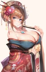 bare_shoulders blue_eyes cleavage collarbone eyebrows_visible_through_hair hi_res highres kimono looking_at_viewer mole_on_breast no_bra open_shirt original oyu_(sijimisizimi) smile smiling source_request