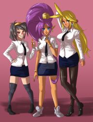 3girls black_hair blonde_hair blue_eyes bracelet breasts earrings female female_only gpwlghr123 kneehighs large_breasts leggings long_hair medium_breasts multiple_girls navel ponytail purple_hair red_eyes rottytops school_uniform shantae shantae_(character) short_hair sky_(shantae) small_breasts smooth_skin yellow_eyes