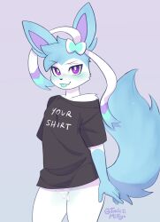 absurd_res anthro biped blep blue_blush blue_body blush bodily_fluids bottomless clothed clothed_anthro clothing cum cum_between_legs cuntboy eeveelution eyelashes generation_6_pokemon genital_fluids girly gloves_(marking) half_naked hi_res intersex looking_at_viewer markings milk_the_sylveon_(toxicmilkyx) nintendo pokemon pokemon_(species) purple_eyes shiny_pokemon signature simple_background solo sylveon tongue tongue_out toxicmilkyx video_games white_body