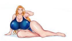 1girls bare_shoulders black_eyes bleach breasts covered_breasts covered_nipples female female_only gigantic_breasts huge_breasts kemp__x large_breasts light-skinned_female light_skin long_hair matsumoto_rangiku on_floor oppai orange_hair pose posing seductive seductive_eyes seductive_look seductive_smile simple_background solo solo_female solo_focus sweat sweating sweaty swimsuit swimwear thick thick_thighs thighs venus_body very_long_hair white_background