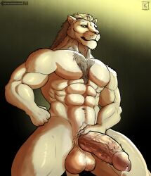 abs alfred_(beatdownmadness) anthro biceps big_penis bodily_fluids chest_tuft cum facial_hair felid fur genital_fluids genitals hi_res humanoid_genitalia humanoid_penis hybrid_genitalia hybrid_penis kirlanlion leaking_cum leaking_precum lion looking_at_viewer looking_down male male_only mammal muscular muscular_anthro muscular_male pantherine pecs penile_spines penis pink_nose pink_penis precum sideburns solo tuft white_body white_fur yellow_eyes