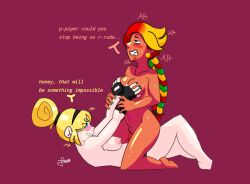 2girls 4inkuniverse ahe_gao amber_(brawl_stars) big_breasts black_dildo blonde_hair blush brawl_stars breast_grab breast_squeeze breasts breasts_out brown_skin diadema dialogue dildo drooling feet female female_only female_penetrated gloves latina lesbian lesbian_sex long_hair medium_breasts multiple_girls nail_polish orange_hair piper_(brawl_stars) sex sex_toy short_hair strap-on sweat sweating text tits touching_breast white_skin yuri