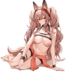 1girls angelina_(arknights) angelina_(basketball)_(name_subject_to_change)_(arknights) animal_ears areolae arknights arm_support barefoot belly big_breasts black_nails blush breasts breasts_out brown_hair choker exposed_breasts female female_only hair_between_eyes hairband highres legs light-skinned_female long_hair looking_at_viewer nail_polish nails navel nipples orange_eyes ru_zhai short sitting smile solo sports_bra sports_bra_lift sports_uniform sportswear stomach tail thigh_strap thighs toenail_polish topwear topwear_lift twintails very_long_hair white_background