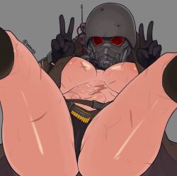 1girls big_breasts fallout fallout_new_vegas helmet looking_at_viewer masked_female ncr_ranger_(fallout) panties peace_sign presenting scar solo sweat thick_thighs waa153