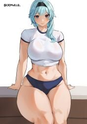 1girls blue_hair breasts cromwellb eula_(genshin_impact) female genshin_impact gym_uniform large_breasts looking_at_viewer navel sports_bra thick_thighs yellow_eyes