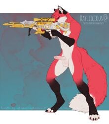 anthro artist_name balls black_body black_claws black_ears black_fur canid canine cheek_tuft claws dipstick_tail erection facial_tuft fluffy fluffy_tail fox fur genitals glans gun hair holding_gun holding_object holding_rifle holding_weapon humanoid_genitalia humanoid_penis inner_ear_fluff male mammal markings messy_hair nipples nude pawpads penis pink_glans pink_nipples pink_pawpads pink_penis ranged_weapon rayliicious red_body red_fur red_hair red_tail rifle simple_background sniper_rifle solo standing tail_markings tuft weapon white_balls white_body white_fur white_inner_ear_fluff white_tail