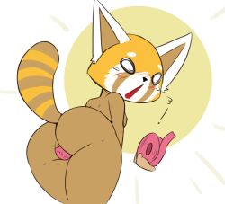 2021 aggressive_retsuko ailurid anthro ass blush digital_media_(artwork) female fur genitals looking_back mammal nude open_mouth pussy pussy_tape red_panda retsuko sanrio solo tape vono