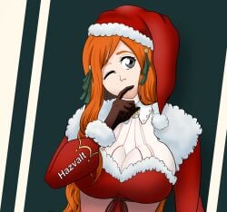 1girls adapted_costume big_breasts bleach breasts bust busty christmas christmas_clothing christmas_outfit cleavage clothed clothed_female clothes clothing collar curvaceous curvy female female_only finger_to_mouth fully_clothed fur_trim gloves hazvalt huge_breasts inoue_orihime large_breasts long_hair looking_at_viewer no_bra one_eye_closed oppai orange_hair revealing_clothes santa_costume santa_hat see-through solo solo_focus