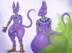 anthro anus anus_outline ass balls beerus big_balls big_butt big_penis bodily_fluids bottom_heavy clothed clothed/nude clothing deity domestic_cat dragon_ball dragon_ball_super ear_piercing ear_ring egyptian_clothing fart fart_cloud fart_fetish farting_at_viewer felid feline felis footwear footwear_only genitals gesture girly half-erect heavy_bottom hi_res huge_butt huge_thighs looking_at_viewer looking_back looking_down male mammal mostly_nude nude penis piercing presenting presenting_hindquarters purple_body raised_tail ring_piercing shoes shoes_only smile solo suggestive suggestive_gesture sweat sweatdrop sweatybuttcave teasing thick_thighs wide_hips yellow_eyes