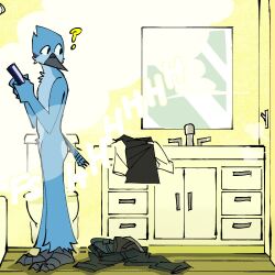 anthro ass avian bathroom beak bird blue_body blue_feathers blue_jay cartoon_network cellphone confusion corvid feathers jay_(bird) male male_only mirror mordecai_(regular_show) new_world_jay nude oscine passerine pb-art phone regular_show smartphone solo solo_male