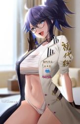 1girls arm_support bare_arms bare_skin bare_thighs beauty_mark bedroom big_breasts blue_eyes breasts busty cleavage clothed clothed_female clothing coat eyewear female female_focus female_only glasses kson_onair large_breasts light-skinned_female light_skin naughty_face navel open_mouth panties ponytail purple_hair sarashi solo solo_female solo_focus stomach thick_thighs thighs tofuubear toned_body toned_female toned_stomach tongue underwear virtual_youtuber vshojo white_clothes white_clothing white_coat white_panties white_underwear