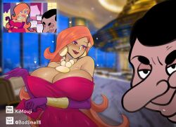 1boy 1boy1girl 1girls age_difference alternate_version_available black_hair dress huge_breasts kimouji lipstick long_gloves long_hair mr._bean mr._bean:_the_animated_series mr._bean_(series) orange_hair pervert purple_eyes purple_gloves restaurant tagme the_female_celebrity