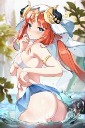 1girls ass ass_focus big_ass blue_eyes blush breasts bubble_ass bubble_butt eyebrows_visible_through_hair female flashing genshin_impact horns koahri light-skinned_female light_skin looking_at_viewer nilou_(genshin_impact) no_panties orange_hair red_hair sideboob skirt_lift smile solo solo_female wet