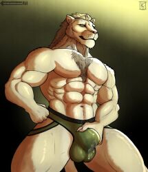 abs alfred_(beatdownmadness) anthro biceps big_penis bodily_fluids bulge bulge_fondling chest_tuft clothing cum facial_hair felid fur genital_fluids genitals jockstrap kirlanlion leaking_cum leaking_precum leaking_through_clothing lion looking_at_viewer looking_down male male_only mammal muscular muscular_anthro muscular_male pantherine pecs penile_spines penis pink_nose pink_penis precum sideburns solo tuft underwear white_body white_fur yellow_eyes