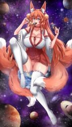 1girls breasts cleavage cysh destruction female fox_ears fox_girl fox_tail giantess huge_breasts inner_ear_fluff macro orange_hair planet planet_destruction planet_vore pussy sitting_on_planet space vkelis vore