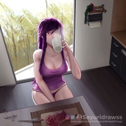 big_breasts breakfast cleavage drinking long_hair messy_hair morning no_pants original purple_hair sayuri_(sayuridrawsthings) sayuridrawsthings skimpy_clothes sleepy solo_female solo_focus thick_thighs unintentional_exposure viewed_from_above