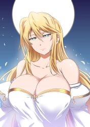 archetype_earth arcueid_brunestud bare_shoulders big_breasts blonde_hair cleavage detached_sleeves female female_only half-closed_eyes huge_breasts long_hair looking_at_viewer moon multicolored_ears smile solo tsukihime type-moon upper_body