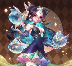 1girls black_hair blue_dress blue_hair cleavage collar cyan_hair earrings female female_only gradient_hair hair_buns large_breasts league_of_legends light-skinned_female light_skin long_hair multi_(league_of_legends) ophelia_nyx purple_eyes purple_lipstick riot_games smile star_earrings star_guardian star_guardian_series star_guardian_syndra star_guardian_syndra_prestige_edition stars syndra