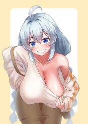 1girls ahoge big_breasts big_nipples blue_eyes blush cleavage female female_focus female_only hips huge_breasts kizuna_akari light-skinned_female light_skin long_hair looking_at_viewer mulletccub110 nipple_bulge no_bra presenting_breasts see-through see-through_clothing simple_background smile smiling smiling_at_viewer solo solo_female solo_focus teasing teasing_viewer thick_thighs thighs vocaloid voiceroid white_background white_hair yellow_background