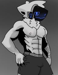 1boy alkaproto anthro blue_sclera bulge_through_clothing furry gigachad grey_fur muscular_male protogen rhys_(alkaproto)