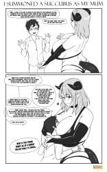 age_difference big_breasts blonde_hair choker dommy_mommy embrace embracing face_in_breasts female glasses horns hug huge_breasts hugging large_breasts leather_clothing male manga mature_female mommy mommy_kink nobro older_female size_difference succubus tail thick_thighs wholesome younger_male