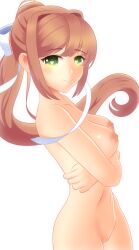 1girls arms_cross bow brown_hair crossed_arms doki_doki_literature_club female green_eyes heart-shaped_pupils heart_eyes looking_at_viewer monika_(doki_doki_literature_club) naked no_clothes nude ponytail scribblysuki smile smiling smiling_at_viewer solo white_bow