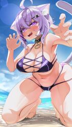 absurdres ahoge animal_ear_fluff animal_ears armpits ass_visible_through_thighs bangs bikini blush breasts cameltoe cat_ears cat_girl cat_tail cleavage collar cross-laced_bikini cross-laced_clothes female hair_between_eyes highres hololive hololive_gamers hololive_japan kajimakoto kneeling large_breasts looking_at_viewer navel nekomata_okayu ocean open_mouth paw_print purple_eyes purple_hair short_hair solo swimsuit tail teeth thighs virtual_youtuber