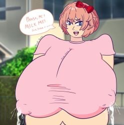 begging_to_be_milked big_breasts blue_eyes bow doki_doki_literature_club huge_breasts lactation lactation_through_clothes looking_at_viewer milk milk_squirt open_mouth orange_hair pink_shirt red_bow sayori_(doki_doki_literature_club) shinobi_homie shirt text text_bubble