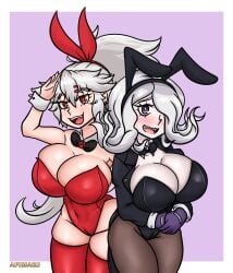 afimaki blush braces breasts bunny_ears bunny_girl bunnysuit cleavage danganronpa danganronpa_3 kimura_seiko large_breasts original_character smooth_skin thick_thighs thighs