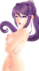 1girls areolae arms_crossed breasts cleavage crossed_arms cute doki_doki_literature_club female heart-shaped_pupils heart_eyes looking_at_viewer naked nipples no_clothes nude open_mouth ponytail purple_eyes purple_hair pussy pussy_juice scribblysuki solo tongue tongue_out wet_pussy white_background yuri_(doki_doki_literature_club)