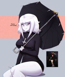 albina_(tidal) big_breasts black_dress breasts female holding_object holding_umbrella inverted_cross pale_skin red_eyes reference_image solo tagme tidal_(artist) umbrella white_hair