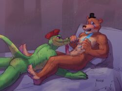 2boys alligator alligatorid anthro_on_anthro ass bear blue_eyes blush bodypaint boner completely_nude crocodile crocodilian crocodylid digital_media_(artwork) erect_penis erection facepaint fangs fangs_out five_nights_at_freddy's five_nights_at_freddy's:_security_breach fronty furaffinity furry gay glamrock_freddy_(fnaf) green_body green_skin humanoid_genitalia humanoid_penis looking_at_another looking_at_partner looking_back looking_uncomfortable male_only mohawk_(hairstyle) montgomery_gator_(fnaf) nipples nude nude_male on_bed open_mouth orange_body orange_fur purple_background red_eyes red_hair reptile rozgi sharp_claws sharp_teeth smile tail_up teeth two_tone_body two_tone_fur uncomfortable