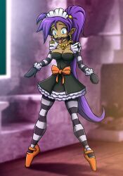 1girls bell_choker blue_eyes breasts choker earrings female female_only gag gagged gloves halloween large_breasts maid maid_headdress maid_uniform ponytail pumpkin_earrings purple_hair remaker ring_gag shantae shantae_(character) smooth_skin solo striped_legwear