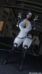 3d 3d_(artwork) big_breasts black_hair blue_eyes bodysuit breasts brick_render busty cleavage large_breasts looking_at_viewer mass_effect miranda_lawson peace_sign skimpy skimpy_clothes thick thick_ass thick_thighs tight_clothing voluptuous wide_hips