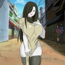 1girls big_breasts black_hair breasts busty female gender_transformation genderswap_(mtf) huge_breasts lipstick long_hair makeup naruto naruto_(series) naruto_shippuden orochimama orochimaru outdoors pale-skinned_female pale_skin rule_63 shameless shirt solo solo_focus stockings street thighhighs very_long_hair walking walking_towards_viewer white_skin yellow_eyes