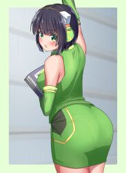 1girls ass ass_focus back_view big_breasts black_hair blush butt_focus female female_focus female_only gloves green_clothes green_clothing green_eyes green_gloves headphones headphones_on_head kyomachi_seika looking_at_viewer looking_back mulletccub110 one_arm_up open_mouth panties_visible_through_clothing short_hair simple_background skirt sleeveless_shirt solo solo_female solo_focus thick_ass thick_thighs voiceroid