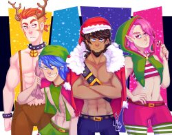 1girls 3boys abs anothrz antlers beard belt blue_hair breasts brown_body brown_hair brown_skin bulge christmas clothed clothing costume crop_top deuz_(fnafhs) female fnafhs fnafhs_z3ro green_clothing light-skinned_female light-skinned_male light_skin long_hair maggie_(fnafhs) male male/female nipples onnie_(fnafhs) orange_hair oxy_(fnafhs) pecs piercing pink_eyes pink_hair pointy_ears reindeer_antlers shirtless shorts thick_thighs