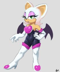 anthro black_bodysuit bodysuit camel_toe chiropteran clothing female genital_outline genitals hi_res looking_at_viewer mammal pussy rouge_the_bat sega skinsuit solo sonic_(series) sunhuiz thigh_high_heels tight_clothing