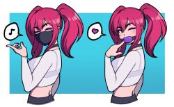 ball_gag bra breasts choker crop_top earrings face_mask female gag gagged jam-orbital mask medium_breasts one_eye_closed original painted_nails piercing purple_eyes red_hair see-through_clothing spoken_heart spoken_musical_note twintails