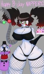 angry_face animatronic animatronics arm_sleeve baby_(fnafsl) big_breasts big_hips big_thighs birthday birthday_cake birthday_candle black_armwear black_bra black_clothes black_clothing black_panties blue_eyes bowtie breasts cake candles choker circus_baby circus_baby_(fnaf) claw clown clown_nose dark_brown_hair embarrassed eyelashes fishnets five_nights_at_freddy's flabbergasted fnaf freddy_fazbear's_pizzeria_simulator goth goth_girl gothic green_eyes hairband helpy lit_candle metal nappery open_mouth panties pink_cake pink_frosting plate red_cheeks red_nose scrap_baby scrap_baby_(fnaf) sharp_claws sharp_teeth shocked_expression small_panties small_waist teeth top_hat white_skin