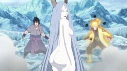 ass being_watched completely_nude completely_nude_female from_behind gilf horns looking_at_viewer looking_back mature mature_female milf multiple_boys naruto naruto_(series) naruto_shippuden naughty naughty_face naughty_smile otsutsuki_kaguya outdoor_nudity outdoors pale_skin sasuke_uchiha shameless solo solo_female uzumaki_naruto very_long_hair watching white_hair white_skin