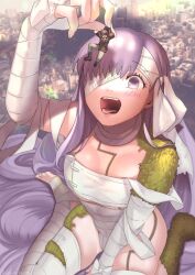 anime_style blush city cityscape copyright_request drawing fate/grand_order giantess grass kaita_(mokamilkcup) kingprotea leaves macrophilia nature pixiv purple_eyes purple_hair vore white_uniform