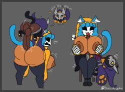 anthro ass bell big_areola big_ass big_balls big_breasts big_butt big_penis black_fur blazblue blue_hair cat_ears cat_tail citrine_(taokakaguy) dorkusprimearts glowing_eyes hat kaka_(blazblue) larger_female leggings licking_penis masked motion_lines orange_clothing paizuri purple_clothing sex size_difference smaller_male sweat tongue tongue_out yellow_eyes yellow_pawpads