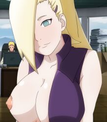 1boy 1girls before_sex big_breasts boruto:_naruto_next_generations breast_focus breasts busty female female_focus hair_over_one_eye hokage_office human indoors ino_yamanaka kunoichi long_hair looking_at_viewer male male/female naruto naruto_(series) naughty ninja no_bra one_breast_out open_clothes ponytail preparation presenting presenting_breasts shirt shounen_jump sleeveless sleeveless_shirt smile solo_focus tied_hair top_heavy unaware upper_body uzumaki_naruto