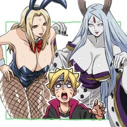 1boy 2girls age_difference ara_ara bare_shoulders big_breasts blonde_hair boruto:_naruto_next_generations breasts bunny_ears bunnysuit busty cleavage detached_collar detached_sleeves gilf horns huge_breasts k_e_n_c_h_i kimono long_hair mature mature_female milf naruto naruto_(series) nervous nervous_sweat no_bra older_female otsutsuki_kaguya playboy_bunny revealing_clothes seducing shocked short_hair surprised surprised_expression surrounded sweat sweatdrop tsunade uzumaki_boruto very_long_hair white_hair yellow_hair younger_male