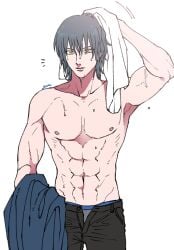 abs bishonen chi_c_lov dark_hair gintama hair_down kawakami_bansai looking_at_viewer male male_only muscles muscular muscular_male open_pants solo teal_hair topless topless_male towel towel_on_head wet wet_hair wet_skin yellow_eyes