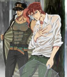 abs against_tree amarans gay jojo's_bizarre_adventure jotaro_kujo male_only muscles muscular_male noriaki_kakyoin revealing_clothing sfw stardust_crusaders tight_clothing umbrella wet_clothes